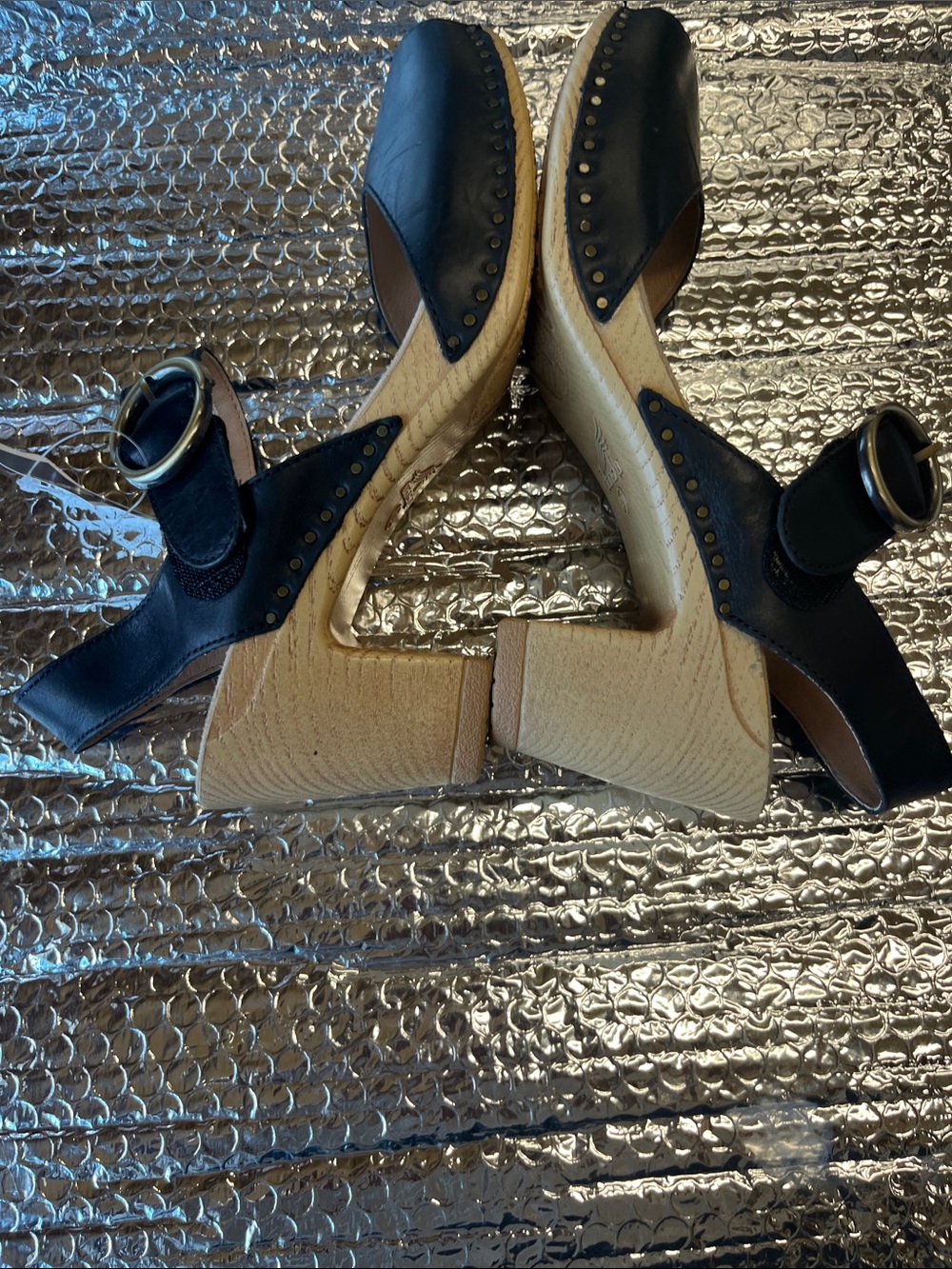 Dansko Black Leather Open-Toe Slingback Sandals with Gold Buckle - Picture 7 of 12